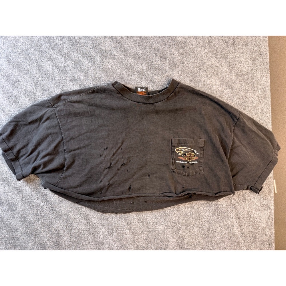 Vintage Harley Davidson XXL Black Cotton Cropped Distressed Graphic Tee USA Made - Picture 3 of 9